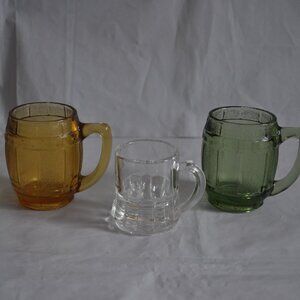 Lot of 3 Vintage Amber Green Clear Glass Barrel Shaped Shots Glasses 2.5" & 2"